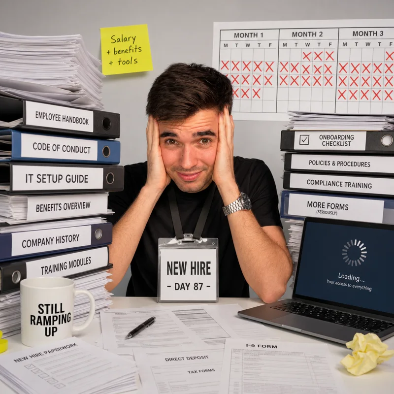 Martin playing a new hire on day 87, still onboarding, buried in binders under three crossed-off months
