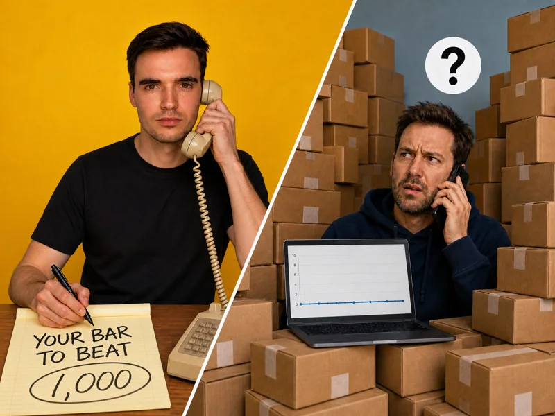 Split-screen call: Martin on a retro phone writing YOUR BAR TO BEAT, a confused e-com owner walled in by boxes on the other end