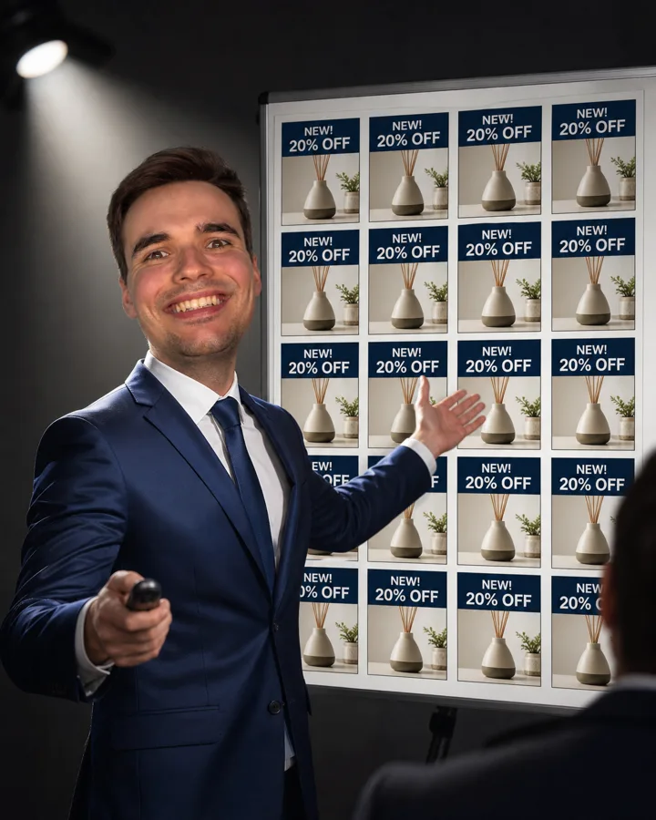 Martin playing an agency account manager, proudly presenting 20 identical ads that all say NEW! 20% OFF