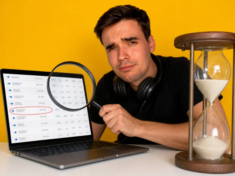 Martin as an ad-account detective with a magnifying glass and a giant hourglass